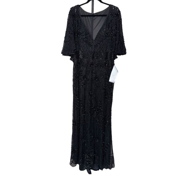 MAC DUGGAL Women’s Black Beaded V-Neck Sheer Cape Gown - Picture 2 of 14